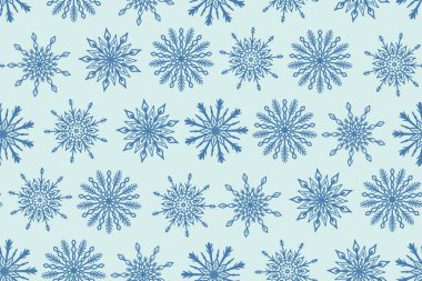 Elle çizilmiş mavi kar tanesi simgeleriyle kusursuz desen. Kış Noel şenliği arka planı, kar dokusu arka planı