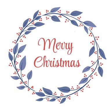 Basit bir kış mevsimi Noel çelengi, mavi yapraklı yuvarlak çerçeve ve şenlikli kırmızı böğürtlenler. Mutlu Noeller tebrik kartı..