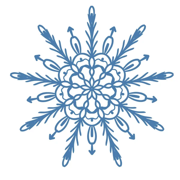 El çizimi mavi kar tanesi simgesi beyaz arkaplanda izole edilmiş. Kış tasarım elementi kar tanesi don kristal taşıyıcı illüstrasyonu