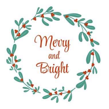 Noel kışı Holly Berry şirin çelengi basit düz çizilmiş. Neşeli ve parlak mesajlı kutlama kartı. Ökse otu basit defne.