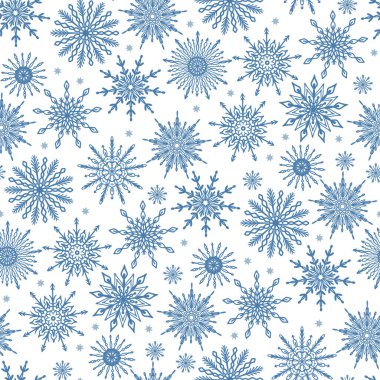 Beyaz arka planda çeşitli kar taneleri simgeleriyle şirin, şenlikli, kusursuz bir kış mevsimi. Soğuk Noel, Yeni Yıl tasarım dokusu.