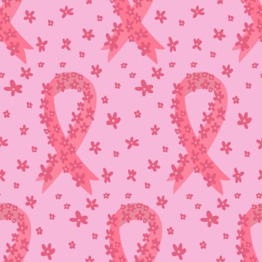 Pembe kurdeleli kusursuz desen. Göğüs kanseri farkındalığı sembolü ve çiçekler. Vektör arkaplanı. Sağlık hizmetleri tıbbi konsepti için arkaplan dokusu