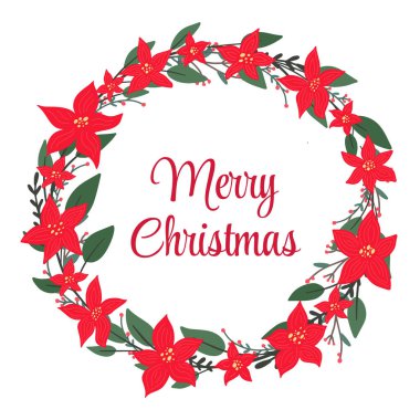 Noel çiçekli şirin çelenk, Noel yıldızı, düz çizilmiş kış çiçeği. Geleneksel şenlik defne, boş yuvarlak çerçeve kopya alanı, tatil tasarım şablonu