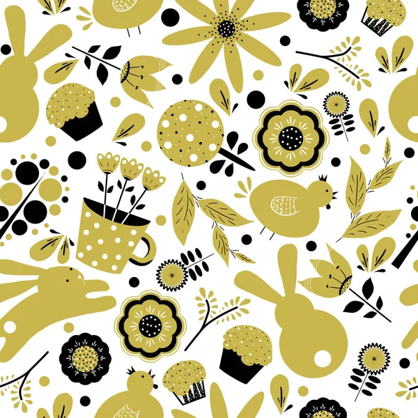 Easter pattern with rabbit, chicken and flowers in gold and black