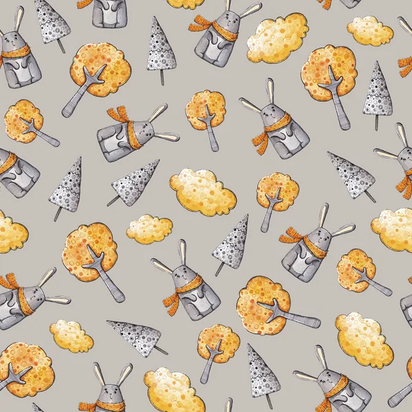 Gri arka planda tavşan ve ağaçlı çocukların suluboya desenleri.