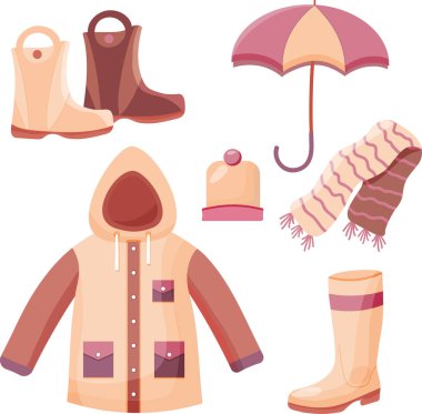 Sonbahar ve bahar giysileri: yağmurluk, lastik botlar, açık şemsiye, eşarp. Yağmur mevsimi seti