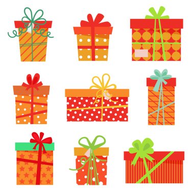 Turuncu set hediye kutusu, fiyonklu ve kurdeleli. Vektör çizimi. Farklı şekillerde hediye kutusu hediyesi. Vektör illüstrasyonu 10 eps