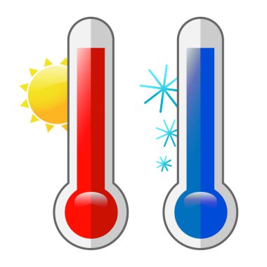  Soğuk sıcak termometre. Sıcaklık termometreleri. Termostat meteoroloji vektörü ikonu izole etti. EPS 10.