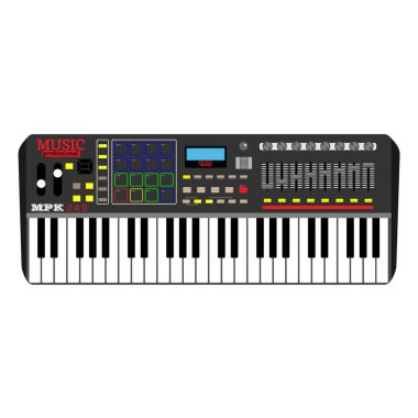  Elektronik klavye enstrüman sentezleyicisi. Modern elektro piyano. Pop, disko, dans, caz ekipmanları. Beyaz arka planda izole edilmiş. Vektör çizimi. İşlemci etkisi