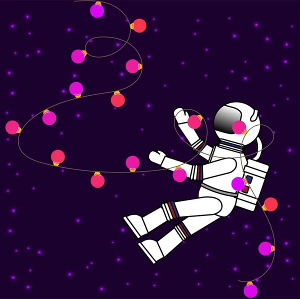 Bílý astronaut v purpurovém prostoru s vánoční girlandou, plochý jednoduchý vektorový ilustrace — Stockový vektor