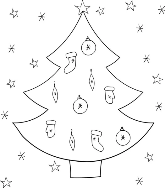 Christmas tree decorated with Christmas decorations, handwritten in one stroke style — Stock Vector