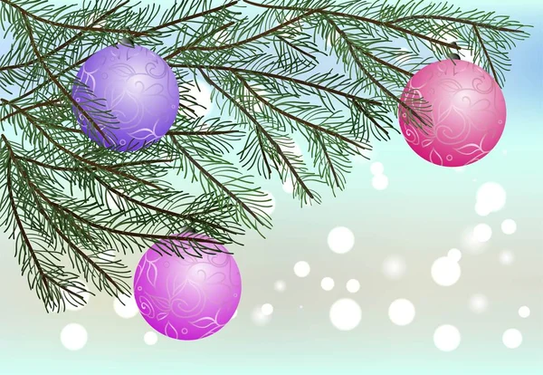 Weihnachtsbaumzweig mit schönen farbigen Dekorationen auf verschwommenem Hintergrund mit Bokeh, flache Vektorillustration — Stockvektor