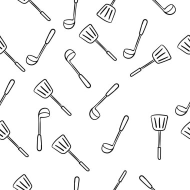 El çizimi kepçe ve spatula tek vuruş stili, basit düz vektör çizimi, kusursuz desen