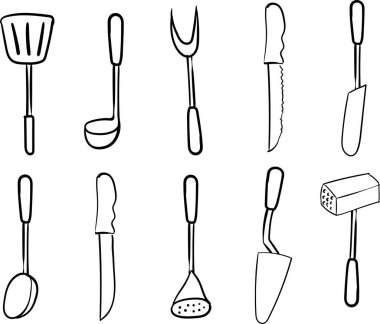 El çizimi kepçe ve spatula, tek vuruş stili mutfak, basit düz vektör çizimi.,