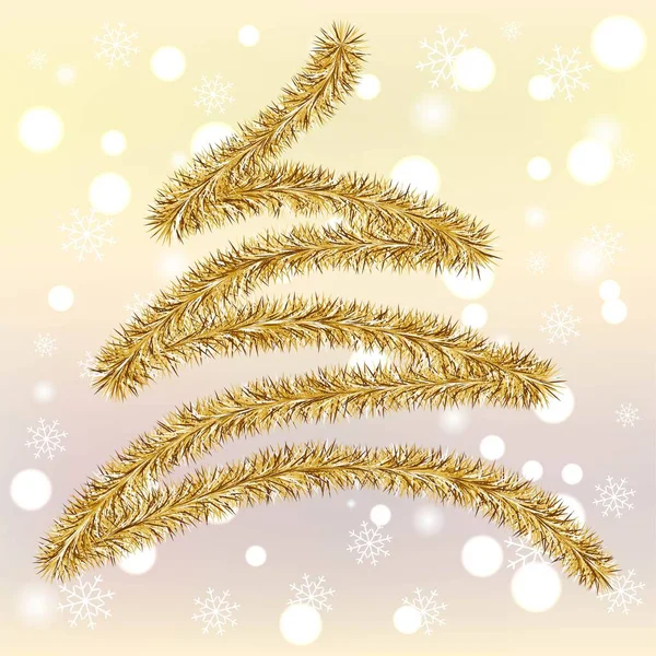 Abstrakter Weihnachtsbaum mit goldenem Lametta auf verschwommenem Hintergrund mit Schneeflocken, einfache Vektorillustration — Stockvektor