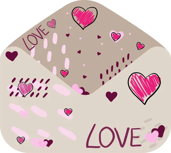 Kraft Papierumschlag mit handgezeichneten Herzen und Dekor, einfache Vektorillustration — Stockvektor
