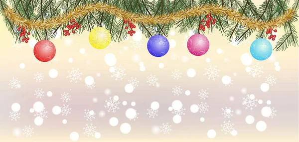 Rama de árbol de Navidad con hermosas decoraciones de colores sobre fondo borroso con bokeh, ilustración vectorial plana — Archivo Imágenes Vectoriales