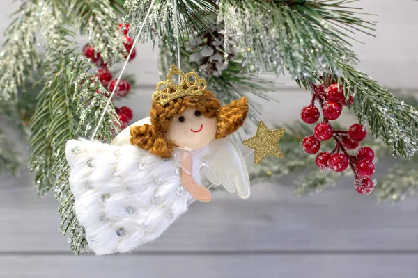 Little Cute Angel Magic Wand Decoration Christmas Tree Close Front — Stock Photo, Image