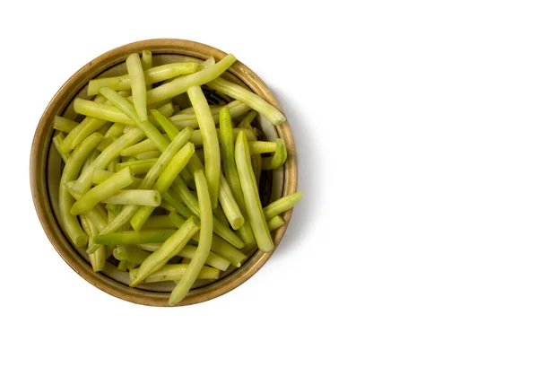 Haricots Verts Clairs Jaunes Dans Panier Décoratif Bois Gros Plan — Photo