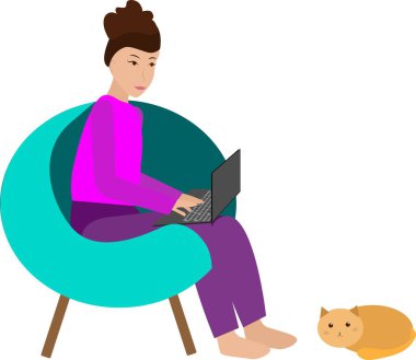 Evde çalışmak ve evde kalmak, konsept çizim, karantinada dizüstü bilgisayarda çalışan kadın serbest çizim.