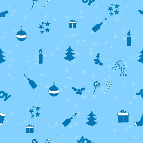 Conjunto de simples, iconos de vector plano de Navidad, patrón sin costuras,, regalo, champán, abeto — Archivo Imágenes Vectoriales