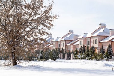 Güzel pembe evler, karla kaplı sıcacık bir kış kırsal caddesi.