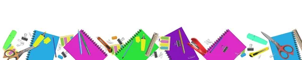 Színes írószer készlet irodai iskola, olló, kés, toll, ceruza, notebook, vonalzó, marker elszigetelt fehér — Stock Vector