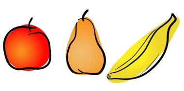 Sulu parlak meyveler, bir vuruş tekniğinde çizilmiş elma armudu muz, basit vektör çizimi