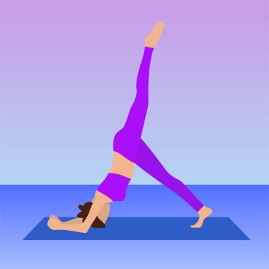 Mavi hasırda yoga yapan genç bir kadın, Asana, basit düz vektör çizimi.