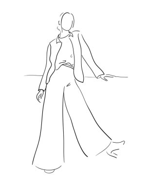 Pantolon ve ceket giymiş güzel bir kız, basit bir moda çizimi, düz bir vektör.