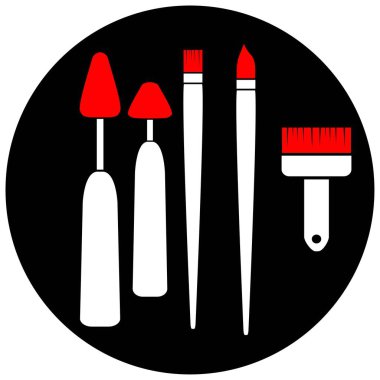Palet bıçağı ve fırçalar çizim için nesneler kümesi, siyah beyaz ve kırmızı, basit düz vektör çizimi