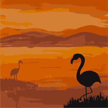 Tropikal flamingo silueti deniz ve turuncu günbatımı arka plan basit düz vektör çizimi