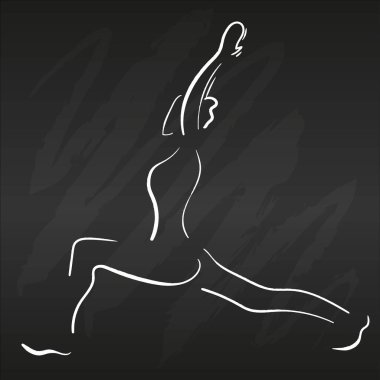 Genç bir kadın yoga yapıyor. Siyah karatahtaya bir çizgi çiziyor. Asana, basit düz vektör çizimi.
