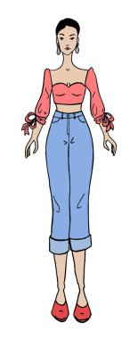 Mavi kot pantolon ve kırmızı bluz içinde güzel bir kız, basit bir moda çizimi, düz bir vektör.