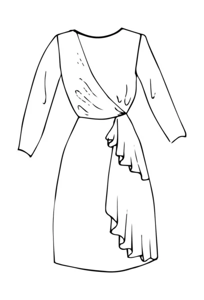 Střední šaty látky Ručně kreslené módní skica. Plochý vektorový izolovaný obrys — Stockový vektor