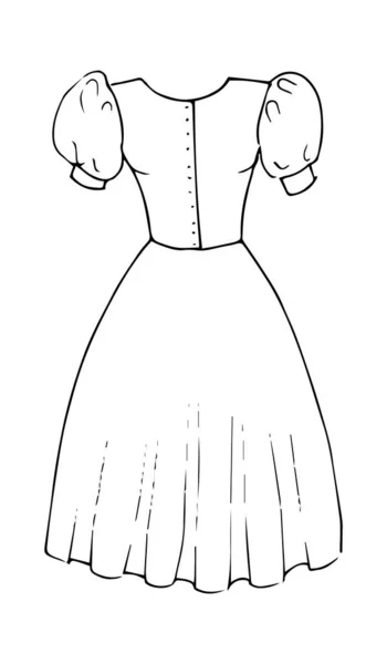 Mittleres Kleid mit Laternenärmeln Stoff Handgezeichnete Mode-Skizze. Flacher Vektor isolierte Umrisse Illustration — Stockvektor