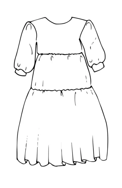 Μεσαίο φόρεμα με φούντες ύφασμα Χέρι σχέδιο μόδας. Επίπεδη διανυσματική απεικόνιση περιγράμματος — Διανυσματικό Αρχείο