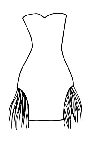 Vestido corto de tela con flecos Dibujo de moda dibujado a mano. Ilustración de contorno plano vectorial aislado — Archivo Imágenes Vectoriales