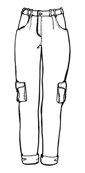 Pantalon Jean Dessiné Main Avec Poches Contour Isolé Simple Vecteur — Image vectorielle