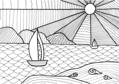 Yetişkinler için Doodle fantezi deniz manzarası boyama sayfası. Fantastik psikedelik grafik sanat eseri. Vektör el çizimi basit düz illüstrasyon.