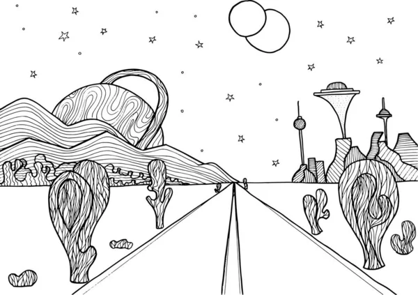 Doodle Alien Fantasy Landscape Malseite Für Erwachsene Fantastische Psychedelische Grafik — Stockvektor