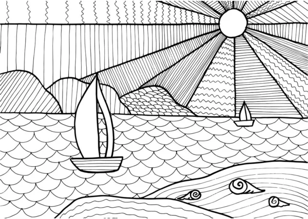Yetişkinler için Doodle fantezi deniz manzarası boyama sayfası. Fantastik psikedelik grafik sanat eseri. Vektör el çizimi basit düz illüstrasyon.
