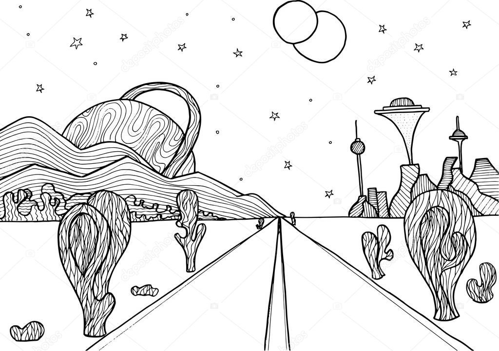 Doodle alien fantasy landscape coloring page for adults. Fantastic psychedelic graphic artwork. Vector hand drawn simple flat illustration.
