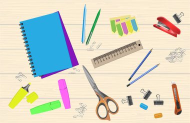 Ofis ve okul makası bıçağı, kalem defteri, cetvel ve kalem için renkli kırtasiye seti. Beyaz arkaplanda izole edilmiş düz vektör illüstrasyonu