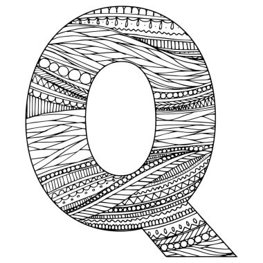 Zentangle biçimlendirilmiş alfabe - Q harfi. Siyah beyaz el çizilmiş karalama. Etnik model. Afrikalı, Hintli, totem, tasarım, yetişkin anti-stres boyama sayfası. Basit düz vektör çizimi