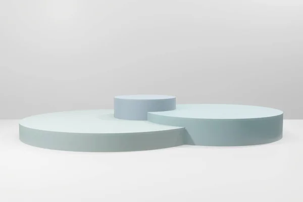 Geometrik formlarla soyut asgari sahne. Yumuşak mavi renklerle yuvarlak podyumlar. Ürünleri göstermek için sahneyi düzenleyin. Vitrin, vitrin, vitrin. 3d oluşturma