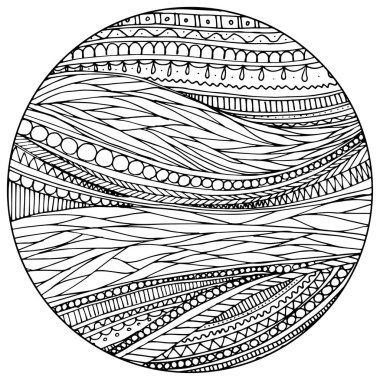 Yetişkinler için Doodle sürreal fantezi daire boyama sayfası. Fantastik psikedelik grafik sanat eseri. Vektör el çizimi basit düz illüstrasyon.