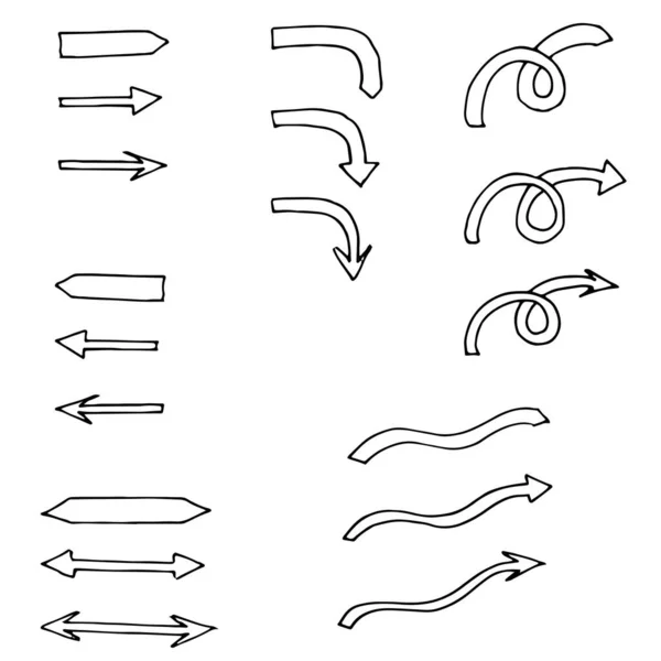 Vrije Hand Tekening Van Verschillende Pijlen Ingesteld Witte Achtergrond Eenvoudige — Stockvector