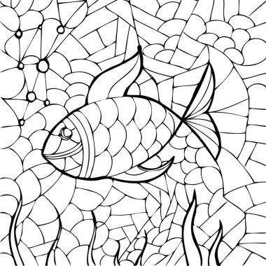 Deniz altında karalama fantezisi ve yetişkinler için balık boyama sayfası. Fantastik psikedelik grafik sanat eseri. Vektör el çizimi basit düz illüstrasyon.