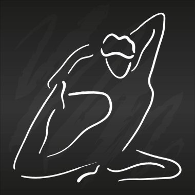 Genç bir kadın yoga yapıyor siyah karatahtaya bir çizgi çiziyor, Swallow Asana pozu veriyor, basit düz vektör çizimi.